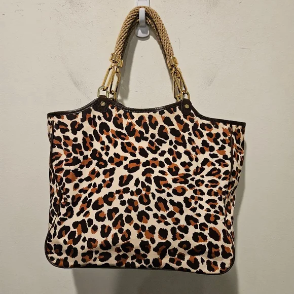 Women's Tory Burch Leopard Print Large Tote Bag Rope Handles Brown Beige - Picture 4 of 12